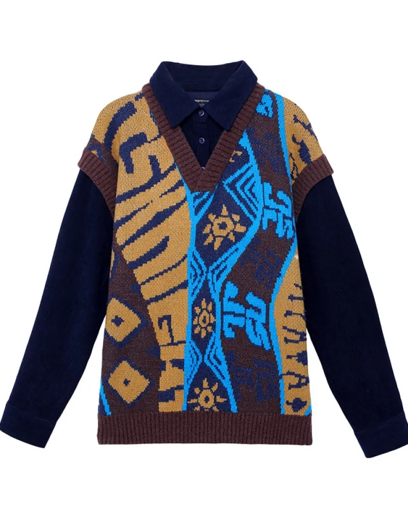 Abbigliamento da donna di inizio autunno Nuova camicia di velluto a coste con gilet in maglia a due pezzi con finto tutto-fiammi