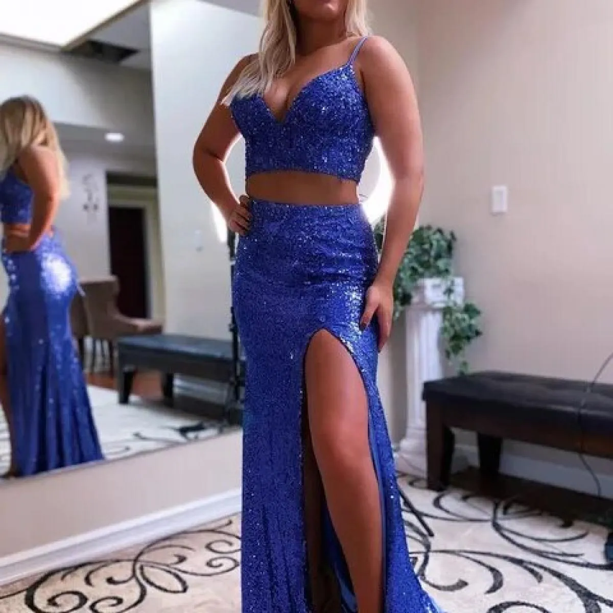Bowith Abiti da sera lucidi Abito da ballo con paillettes 2 pezzi Abiti da sera Abito da festa Robe De Soiree Abito natalizio Ev