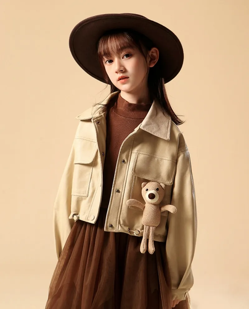 Cappotto da ragazza Nuovo risvolto Giacca in pelle per bambini Gonna a rete con gonna da bambina
