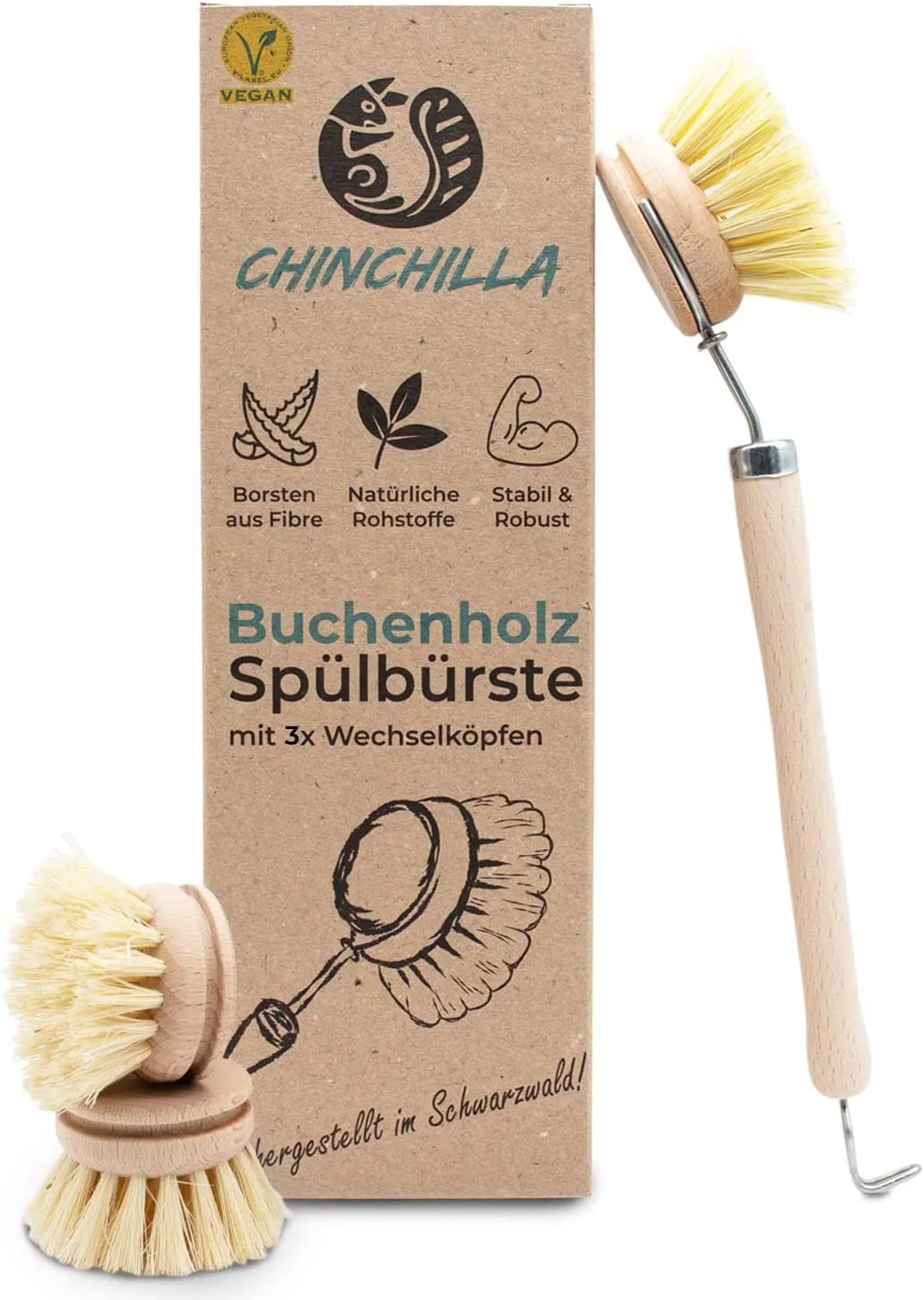 Chinchilla Sink Brush in legno di faggio | spazzola da cucina sostenibile con setole in fibra naturale | incl. tre teste interca