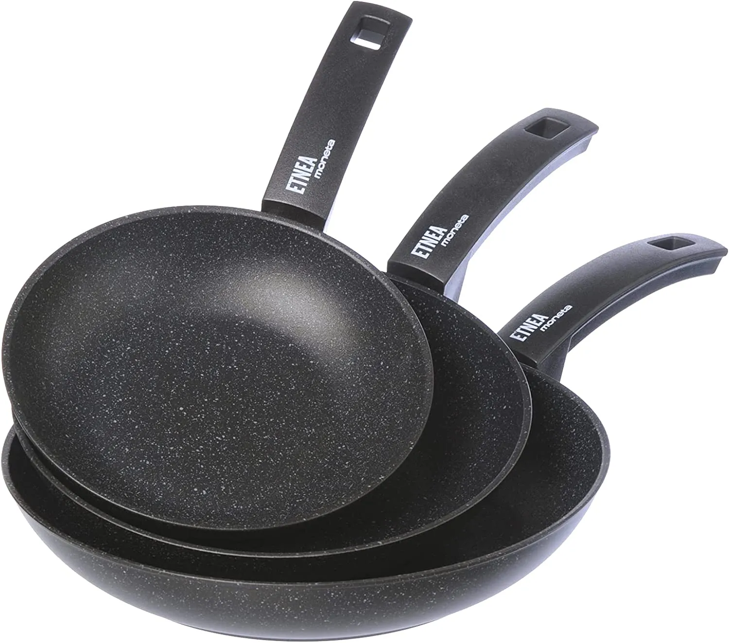 Moneta Etnea Set 3 Padelle antiaderenti, Alluminio, Nero, 20 - 24 - 28 cm, Made in Italy