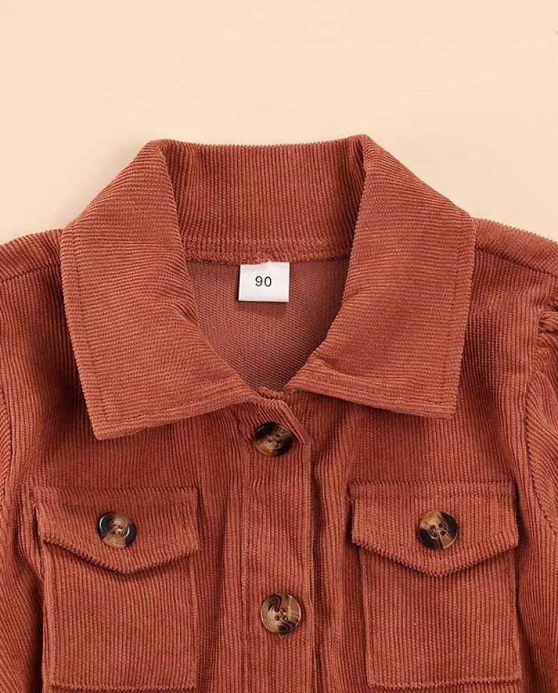 Vestito da autunno inverno per ragazze alla moda con cintura in velluto a coste con maniche a sbuffo marrone Colletto rovesciato